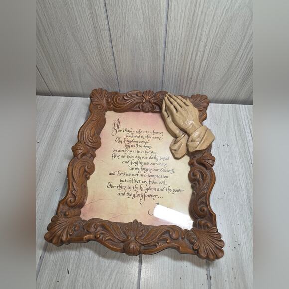 Vtg Ornate Framed Praying Hands 10x13 The Lords Prayer Faux Wood Religious - Picture 4 of 6